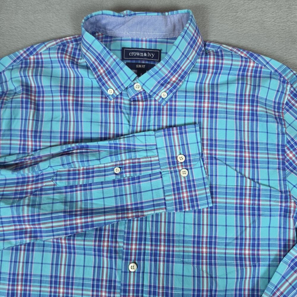 Crown & Ivy Slim Fit Plaid Button Down Shirt Men's Large Blue Pink Long Sleeve